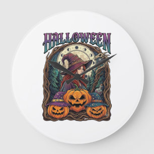 Reloj Redondo Grande Calabazas De Bruja De Halloween Fases Lunares_1