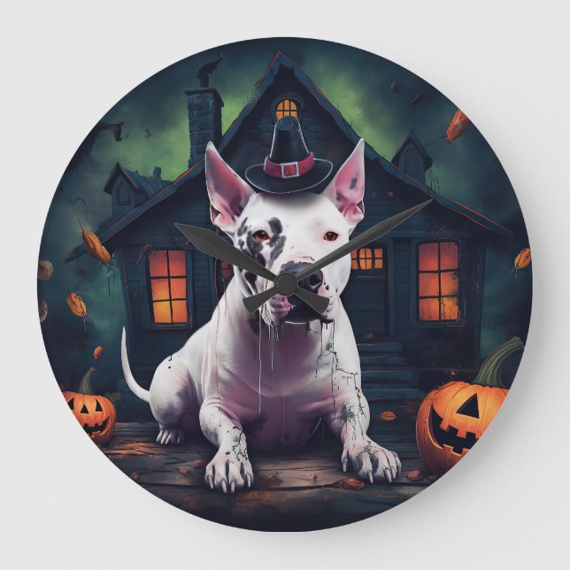 Reloj Redondo Grande Calabazas de Bull Terrier Halloween dan miedo (Anverso)