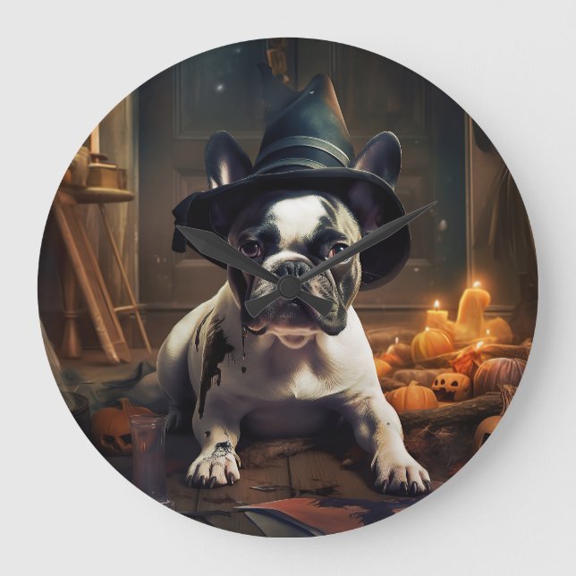 Reloj Redondo Grande Calabazas de Bulldog francés asustan a Halloween (Anverso)