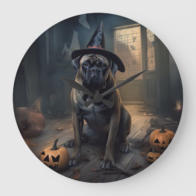 Reloj Redondo Grande Calabazas de bullmastiff asustan a Halloween (Anverso)
