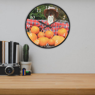 Reloj Redondo Grande Calabazas de cosecha otoñal y espantapájaros feliz