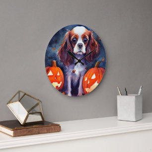 Reloj Redondo Grande Calabazas de Halloween Cavalier King Charles Spani