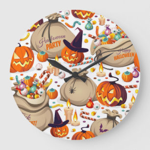 Reloj Redondo Grande Calabazas de Halloween, dulces coloridos, palmas s