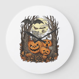 Reloj Redondo Grande Calabazas de Halloween Gato Gris Murciélago Luna L