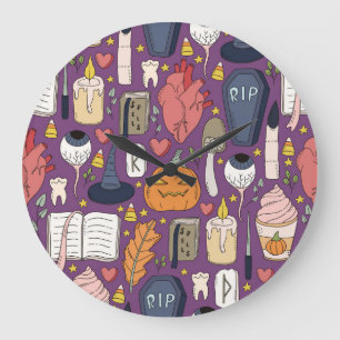 Reloj Redondo Grande Calabazas de Halloween, patrón continuo de brujas.