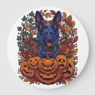 Reloj Redondo Grande Calabazas de Halloween Pitbull Azul Hojas de Otoño