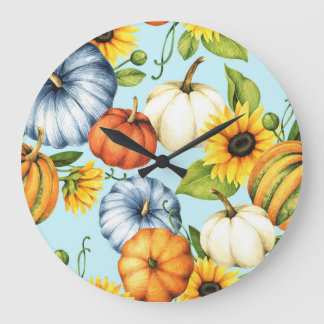 Reloj Redondo Grande Calabazas, girasoles, ilustracion acuarela