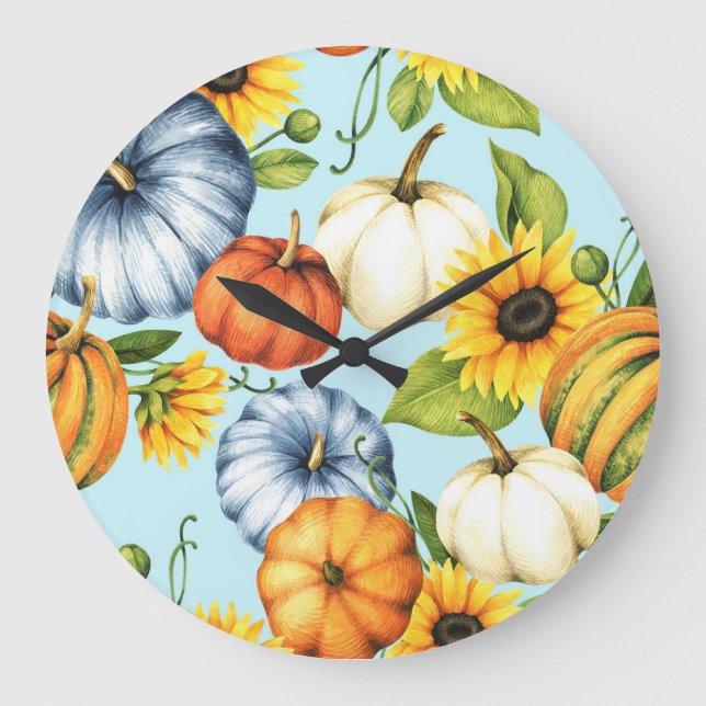 Reloj Redondo Grande Calabazas, girasoles, ilustracion acuarela (Anverso)