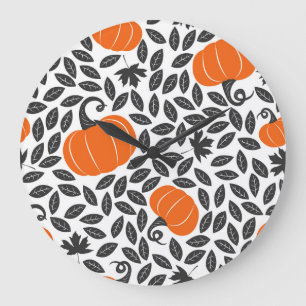 Reloj Redondo Grande Calabazas, hojas: lindo patrón otoño.