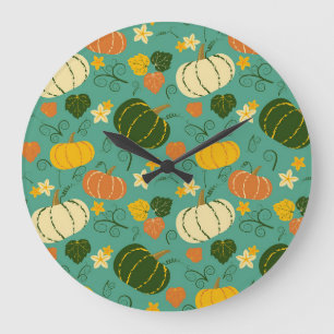 Reloj Redondo Grande Calabazas, hojas: patrón vegetal otoñal