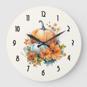 Reloj Redondo Grande Calabazas otoñales con flores y follaje