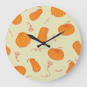 Reloj Redondo Grande Calabazas otoñales: Patrón Naranja Doodle.