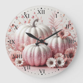 Reloj Redondo Grande Calabazas rosadas y flores con números romanos 