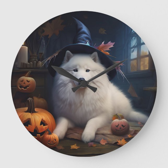Reloj Redondo Grande Calabazas Samoyedo Halloween Asustadizas (Anverso)