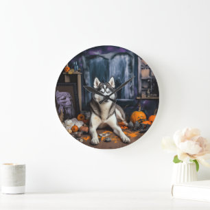 Reloj Redondo Grande Calabazas Siberian Husky Halloween Asustadizas