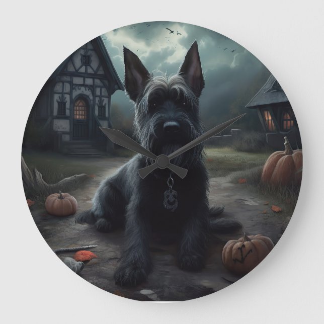 Reloj Redondo Grande Calabazas Terrier Escocés de Halloween (Anverso)