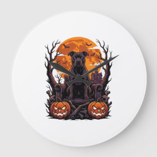 Reloj Redondo Grande Calabazas Trono Pitbull Negro Halloween Luna Llena