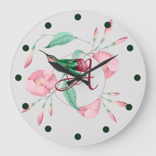 Reloj Redondo Grande Calaría de Colibrí Monogramada Rosa Menta Floral D