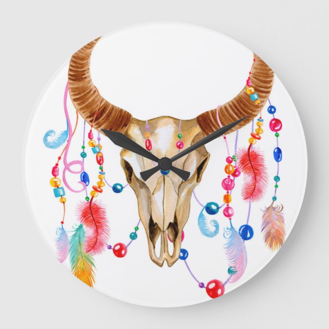 Reloj Redondo Grande Calavera acuarela aislada: fondo blanco. (Anverso)