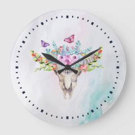 Reloj Redondo Grande Calavera animal Boho con mariposas y flores