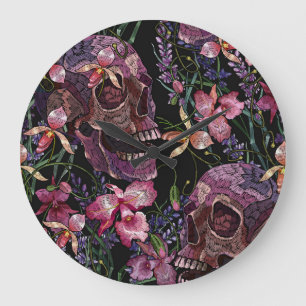 Reloj Redondo Grande Calavera bordada: Patrón de orquídeas góticas