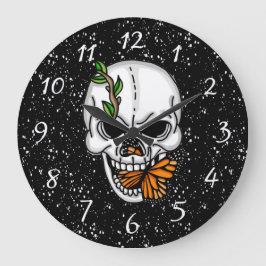 Reloj Redondo Grande Calavera de arte digital y mariposa monarca
