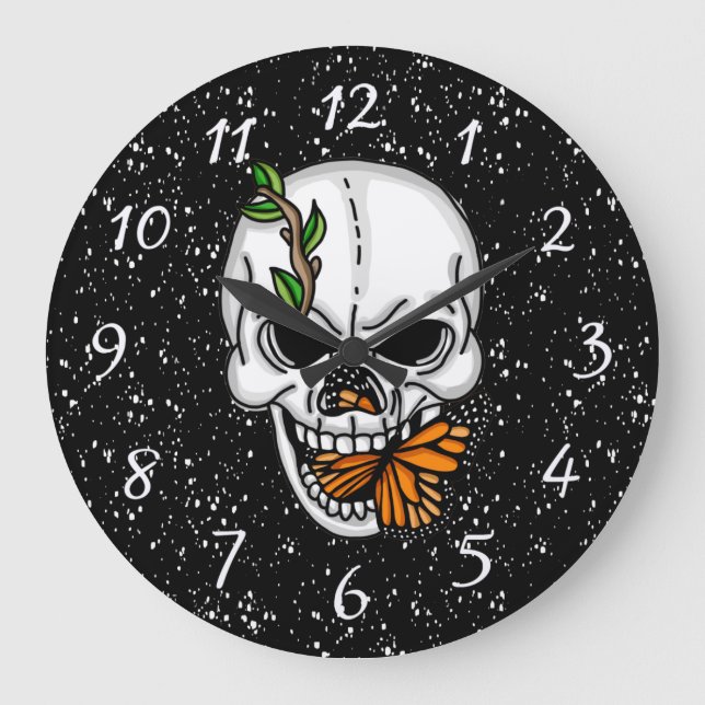Reloj Redondo Grande Calavera de arte digital y mariposa monarca (Anverso)