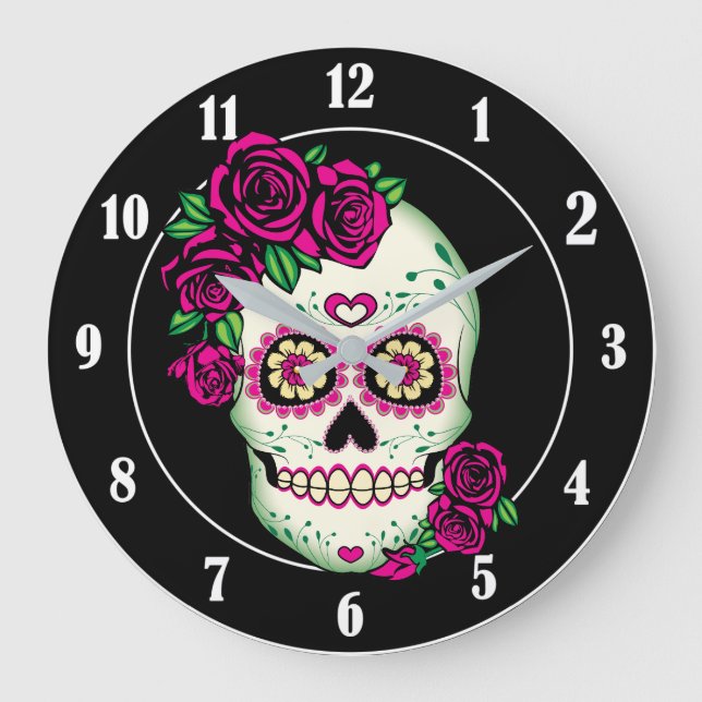 Reloj Redondo Grande Calavera de azúcar con Rosas (Anverso)