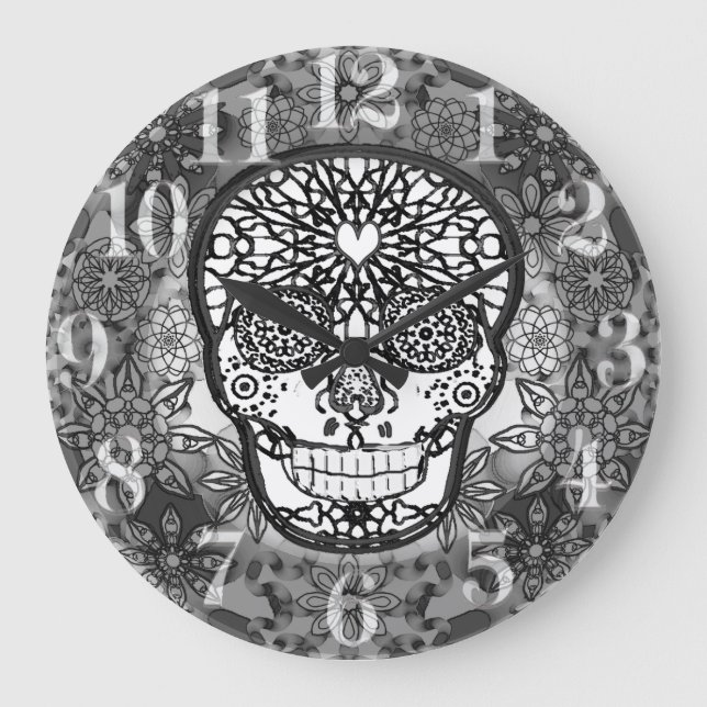 Reloj Redondo Grande Calavera de azúcar en blanco y negro (Anverso)