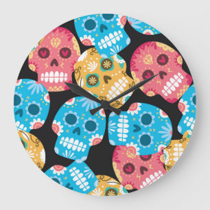 Reloj Redondo Grande Calavera de azúcar, fondo festivo sin costura.