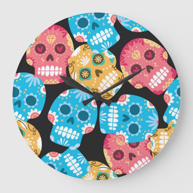 Reloj Redondo Grande Calavera de azúcar, fondo festivo sin costura. (Anverso)
