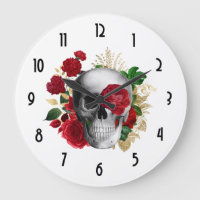 Calavera de gótico con flores rojas y hojas de oro