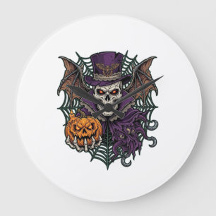 Reloj Redondo Grande Calavera de Halloween Sombrero Alto Alas de Murcié