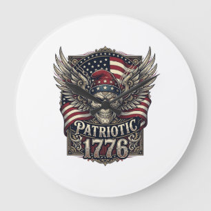Reloj Redondo Grande Calavera de la libertad cibernética patriótica Fut