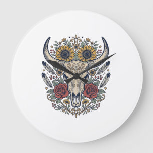 Reloj Redondo Grande Calavera de toro floral vintage occidental