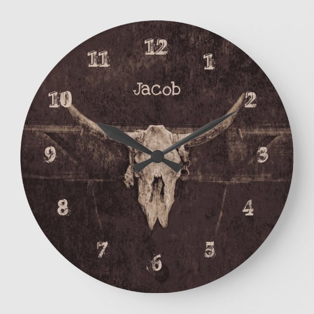 Reloj Redondo Grande Calavera de toro País Occidental Marrón Viejo Rúst (Anverso)