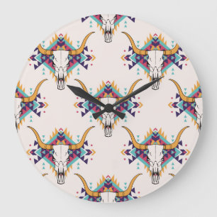 Reloj Redondo Grande Calavera de toros tribales: Boho Seamless