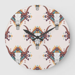 Reloj Redondo Grande Calavera de toros tribales: Boho Seamless