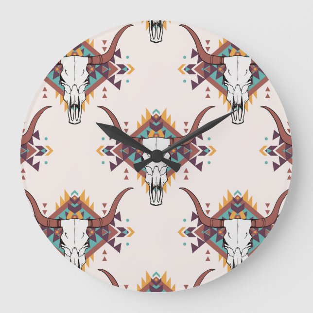 Reloj Redondo Grande Calavera de toros tribales: Boho Seamless (Anverso)