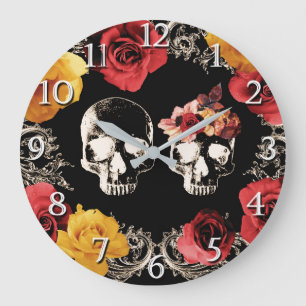 Reloj Redondo Grande Calavera Esqueleto Rojo Amarillo Otoño Floral