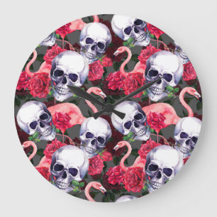 Reloj Redondo Grande Calavera floral, flamingo sin costuras.