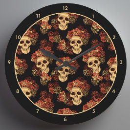 Reloj Redondo Grande Calavera gótica Black Red Rose Crown Halloween