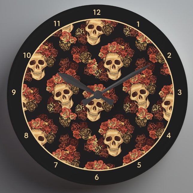 Reloj Redondo Grande Calavera gótica Black Red Rose Crown Halloween (Subido por el creador)