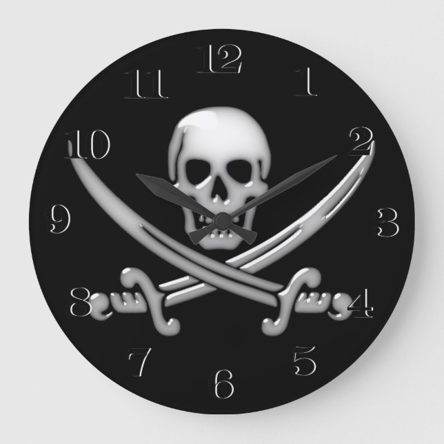 Reloj Redondo Grande Calavera pirata y espadas brillantes (Anverso)