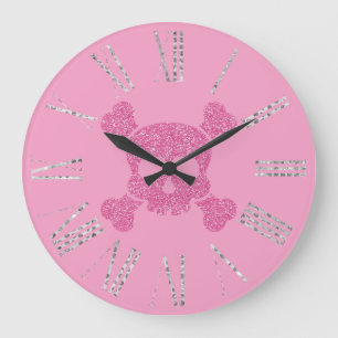 Reloj Redondo Grande Calavera Purpurina rosa glamurosa y huesos cruzado