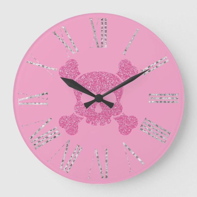 Reloj Redondo Grande Calavera Purpurina rosa glamurosa y huesos cruzado (Anverso)