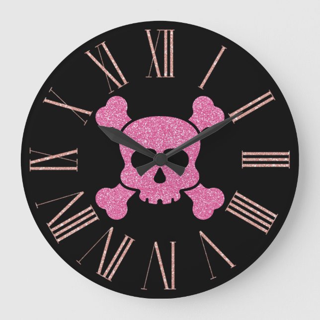 Reloj Redondo Grande Calavera Purpurina rosa y huesos cruzados en negro (Anverso)