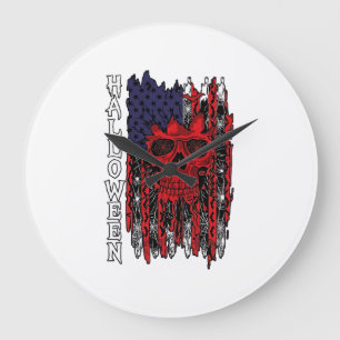 Reloj Redondo Grande Calavera Roja de Halloween Bandera Americana Telar