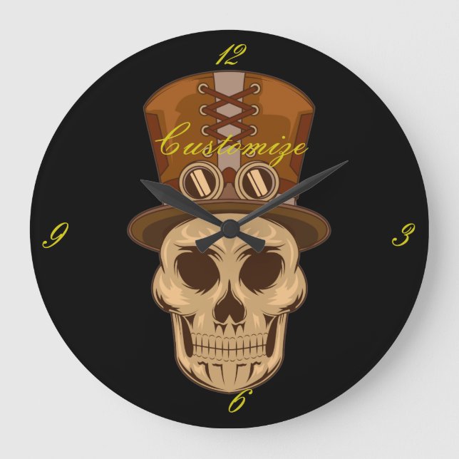 Reloj Redondo Grande Calavera Steampunk en Top Hat Thunder_Cove (Anverso)