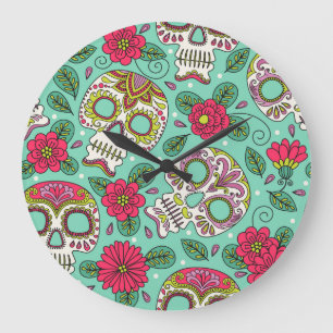 Reloj Redondo Grande Calavera y flores mexicanas, sin costura.